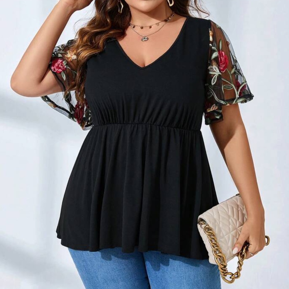 Boho floral embroidered mesh blouse